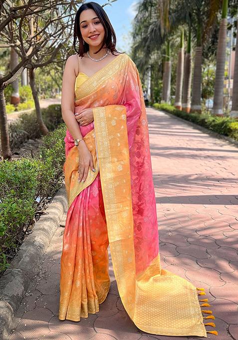 Pink Woven Design Art Silk Saree Set