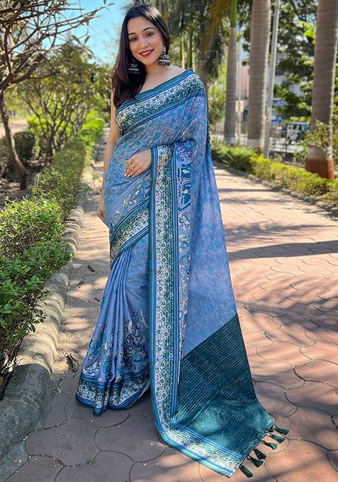 Blue Printed Art Silk Saree Set