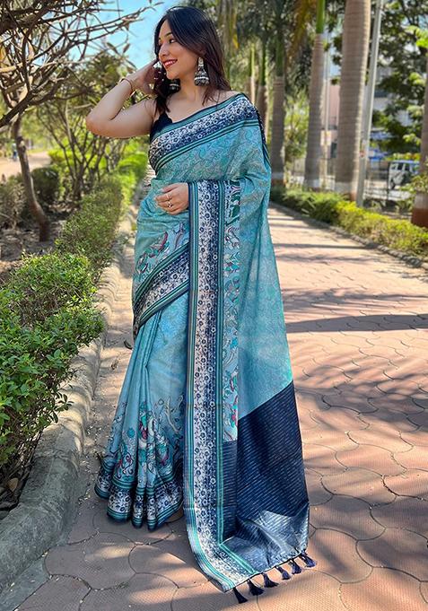 Blue Printed Art Silk Saree Set