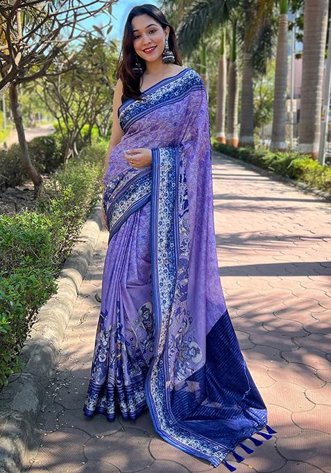 Purple Printed Art Silk Saree Set