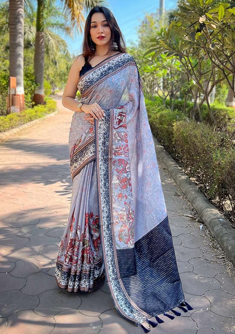 Lavender Printed Art Silk Saree Set - Indya