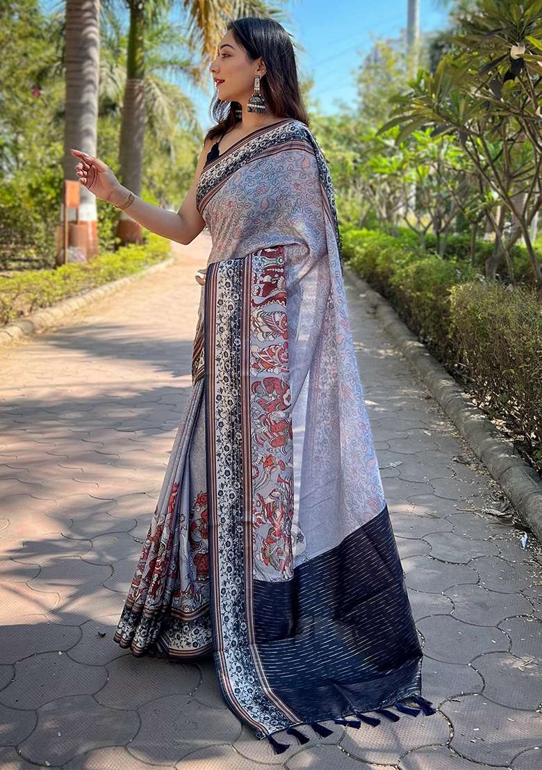 Lavender Printed Art Silk Saree Set - Indya