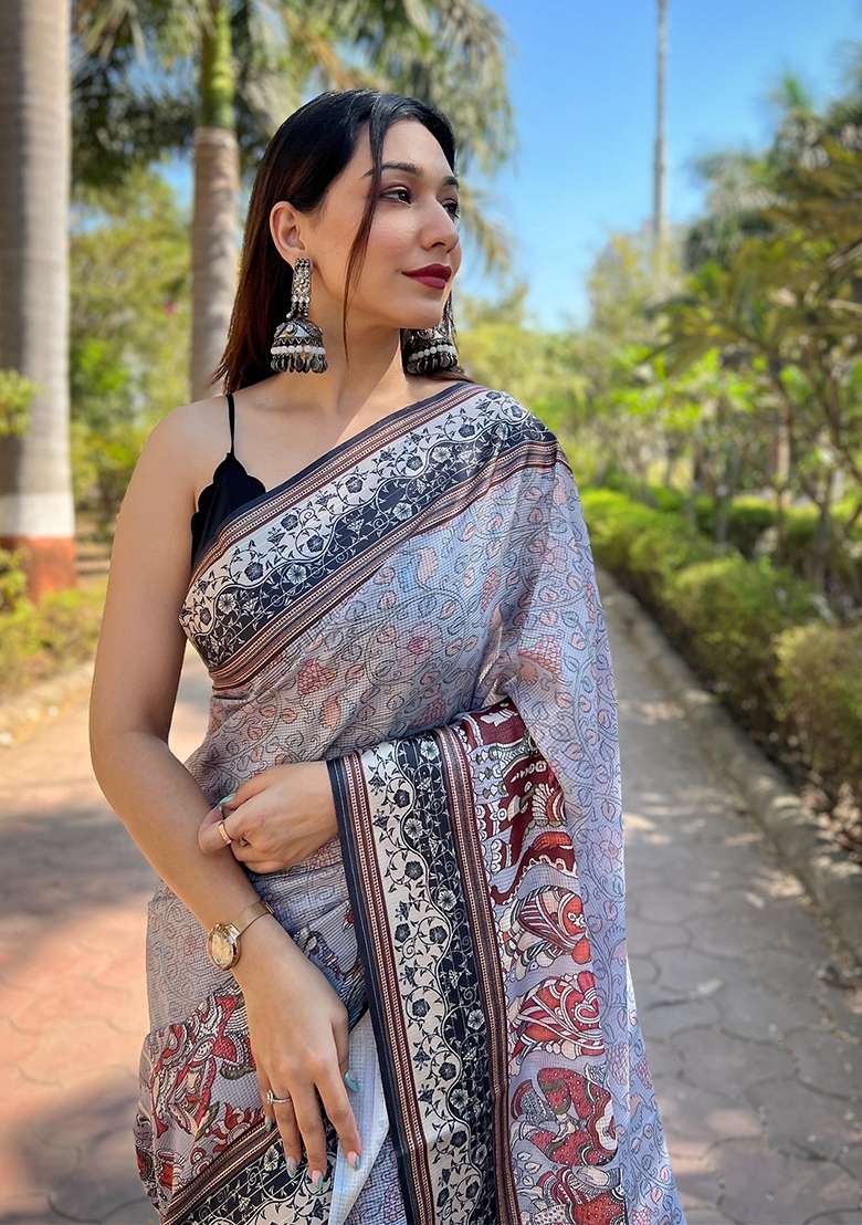 Lavender Printed Art Silk Saree Set - Indya