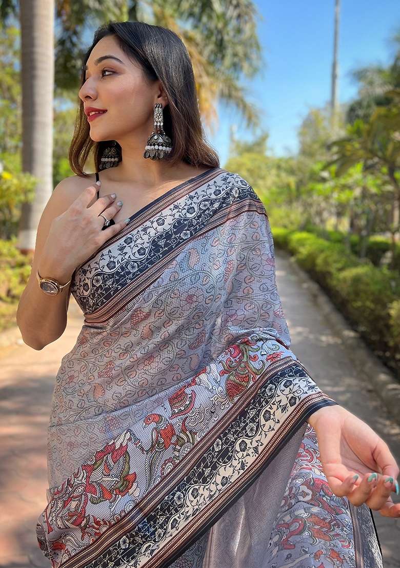 Lavender Printed Art Silk Saree Set - Indya