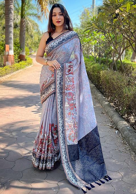 Lavender Printed Art Silk Saree Set