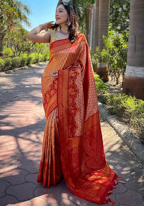 Red Woven Design Art Silk Saree Set