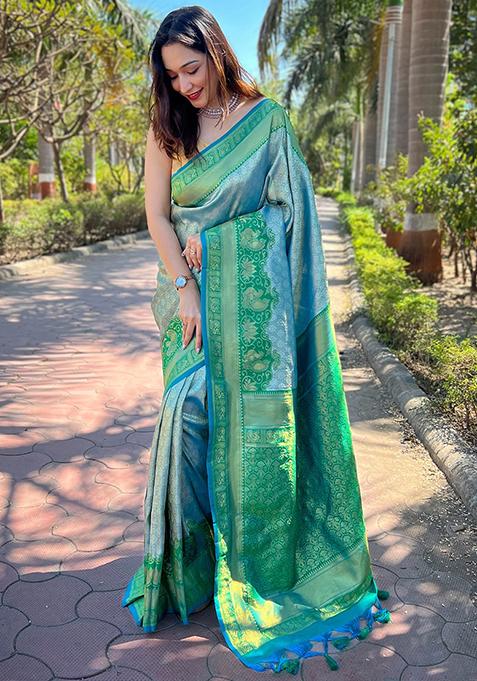 Green Woven Design Art Silk Saree Set