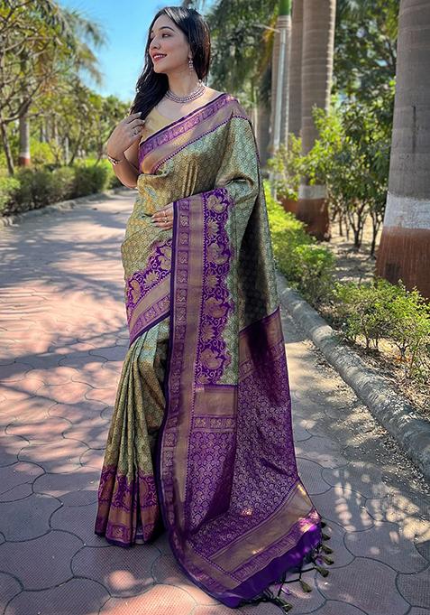 Purple Woven Design Art Silk Saree Set