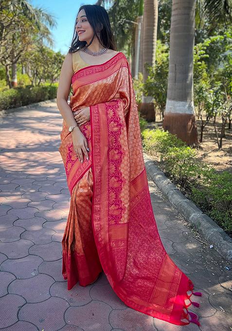 Orange Woven Design Art Silk Saree Set