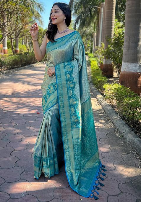 Teal Blue Woven Design Art Silk Saree Set