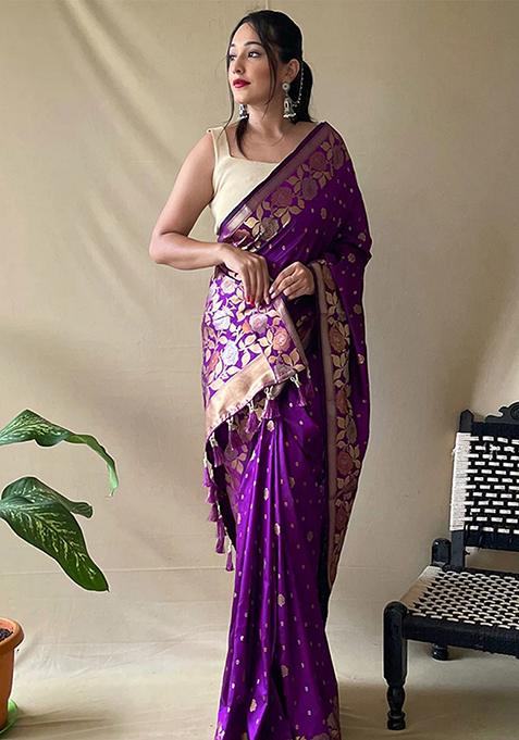 Purple Woven Design Art Silk Saree Set