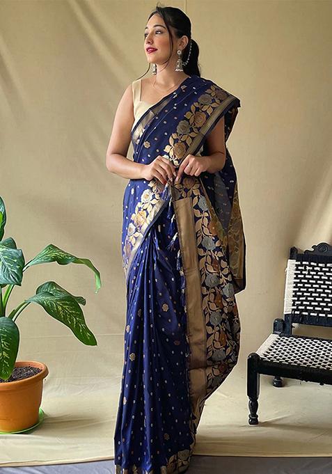 Navy Blue Woven Design Art Silk Saree Set