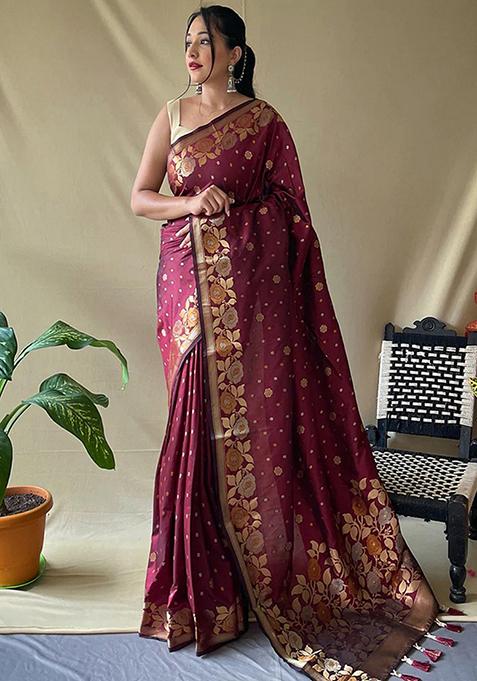 Burgundy Woven Design Art Silk Saree Set