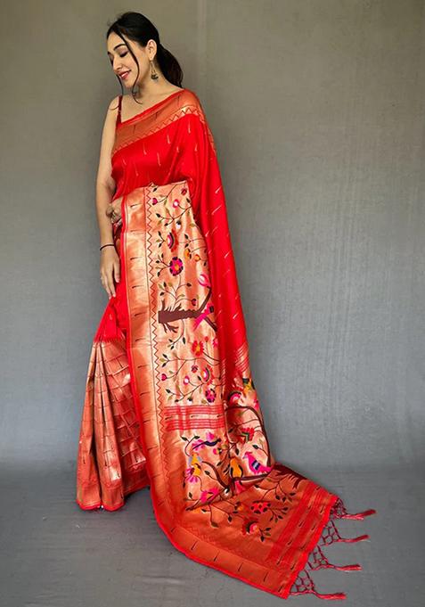 Red Woven Design Art Silk Saree Set