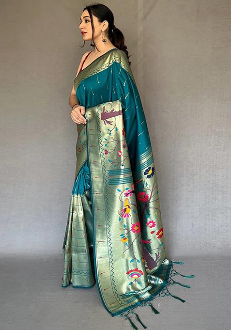 Teal Blue Woven Design Art Silk Saree Set