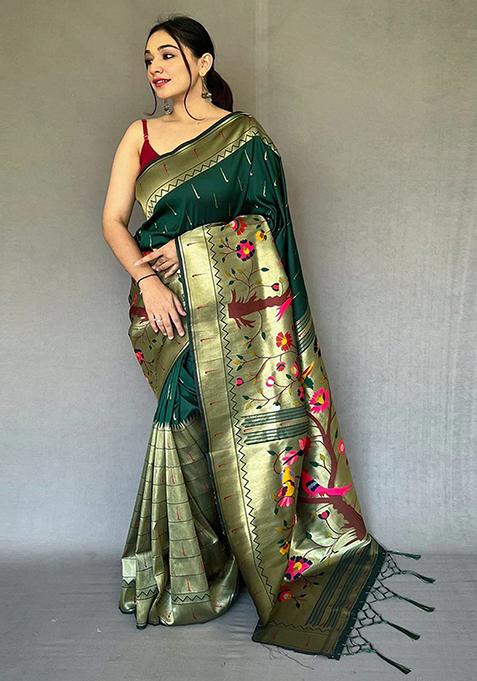 Green Woven Design Art Silk Saree Set