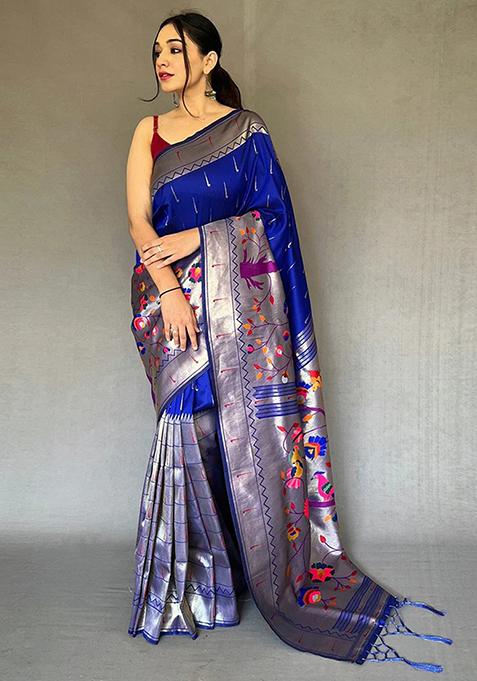 Blue Woven Design Art Silk Saree Set