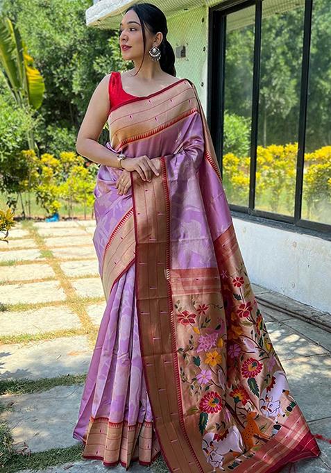 Lavender Woven Design Art Silk Saree Set