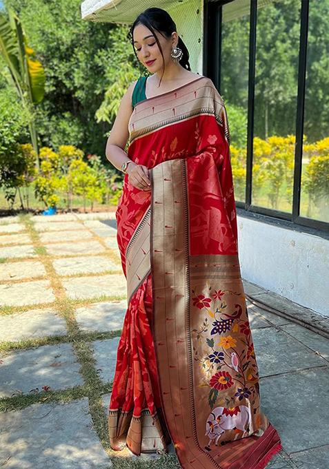 Red Woven Design Art Silk Saree Set