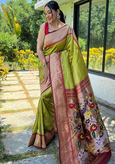 Lime Green Woven Design Art Silk Saree Set