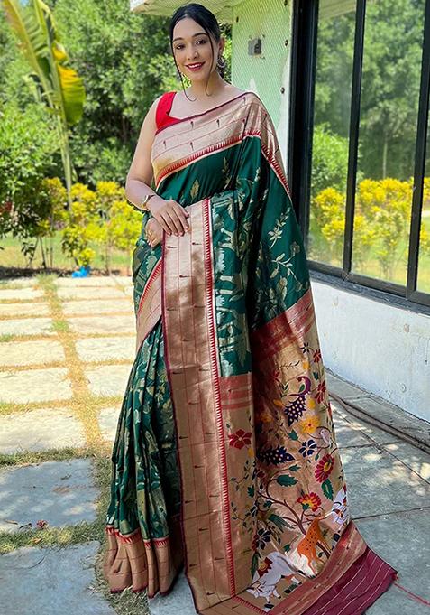 Green Woven Design Art Silk Saree Set