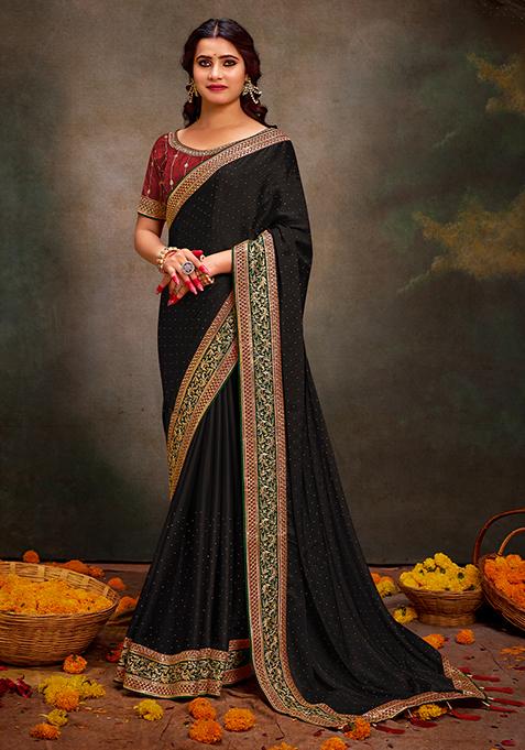 Black Zari Embroidered Satin Saree Set