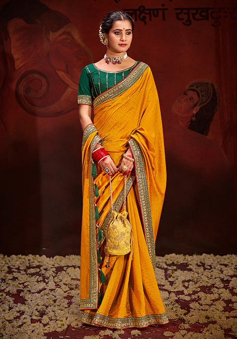 Yellow Zari Embroidered Art Silk Saree Set