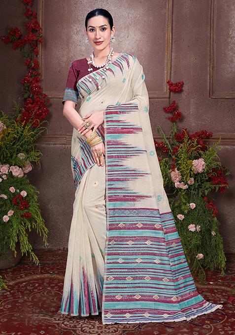 Off White Resham Woven Cotton Saree Set