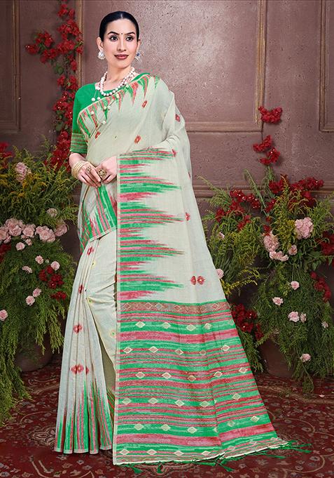 Off White Resham Woven Cotton Saree Set