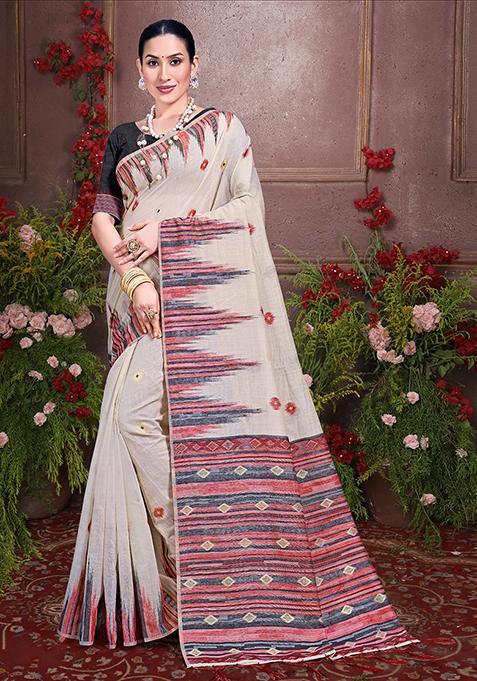 Off White Resham Woven Cotton Saree Set