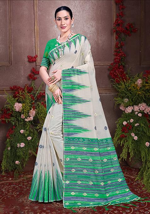 Off White Resham Woven Cotton Saree Set