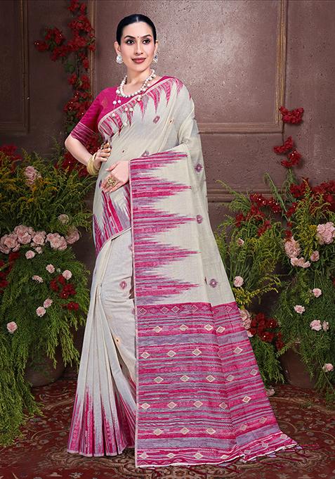 Off White Resham Woven Cotton Saree Set