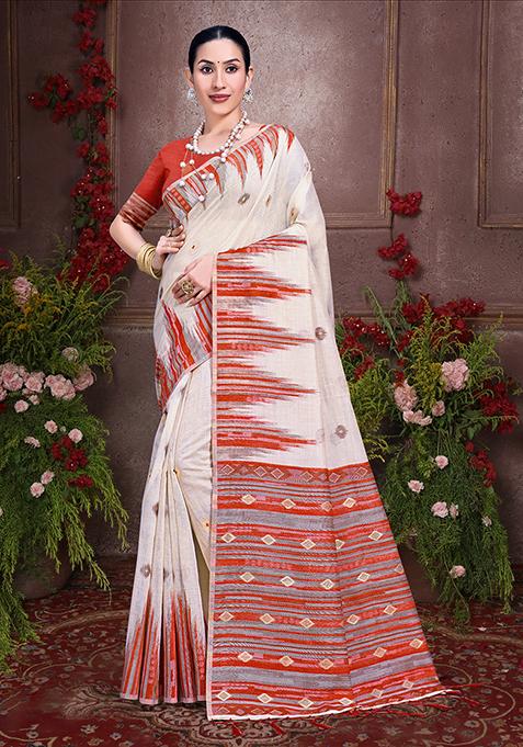 Off White Resham Woven Cotton Saree Set