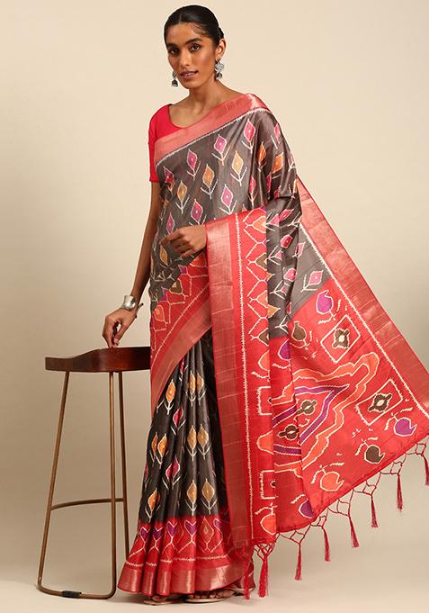 Brown Abstract Print Cotton Saree Set