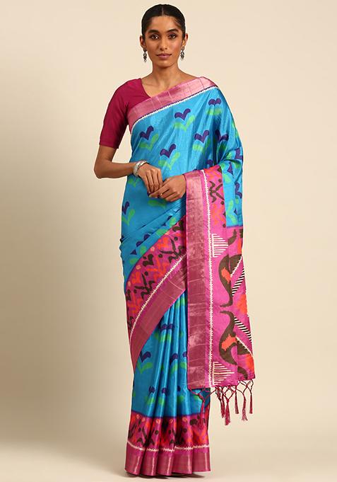 Blue Abstract Print Cotton Saree Set