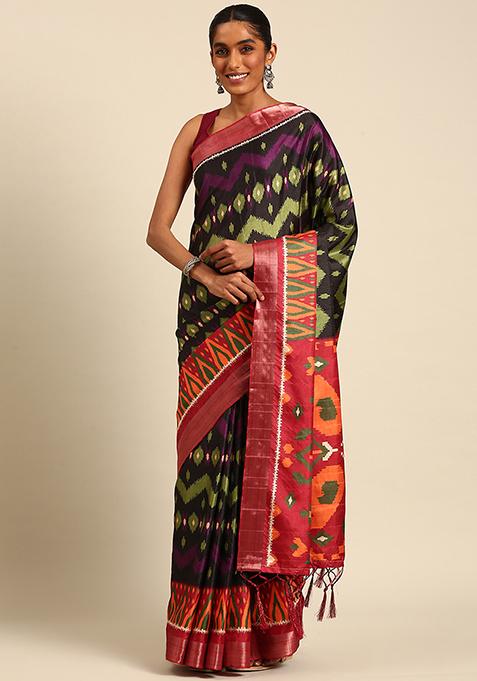 Black Abstract Print Cotton Saree Set