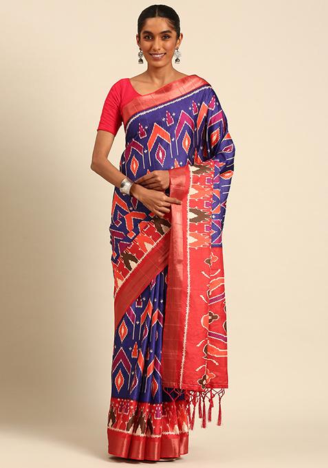 Blue Abstract Print Cotton Saree Set