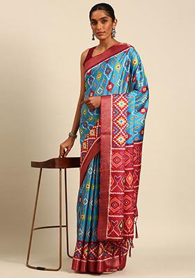 Blue Abstract Print Cotton Saree Set
