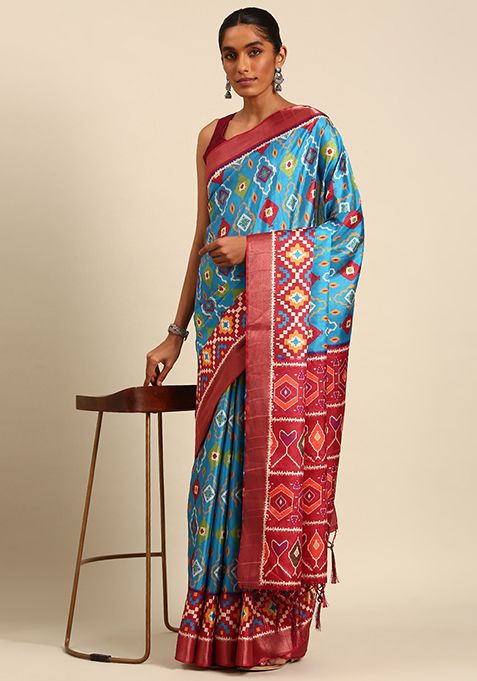 Blue Abstract Print Cotton Saree Set