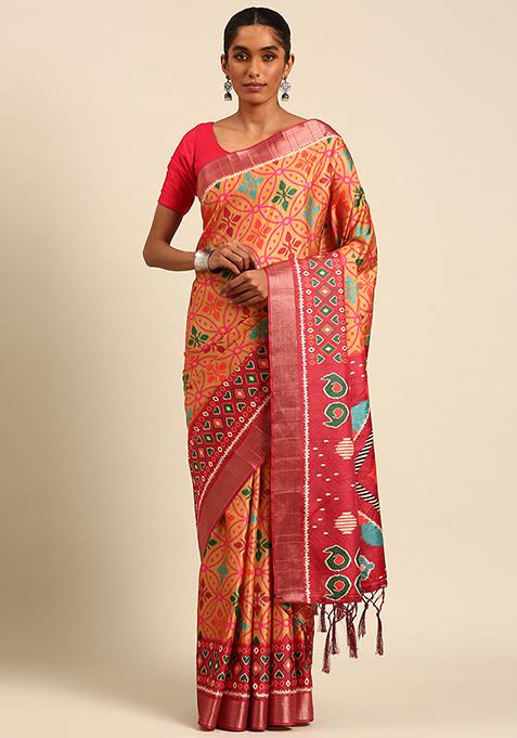 Orange Abstract Print Cotton Saree Set