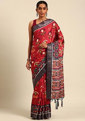 Maroon Abstract Print Cotton Saree Set
