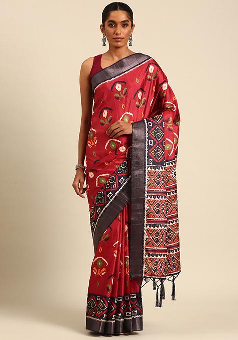 Maroon Abstract Print Cotton Saree Set