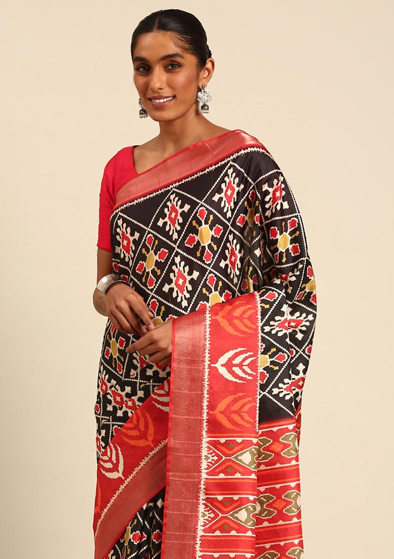 Black Abstract Print Cotton Saree Set - Indya