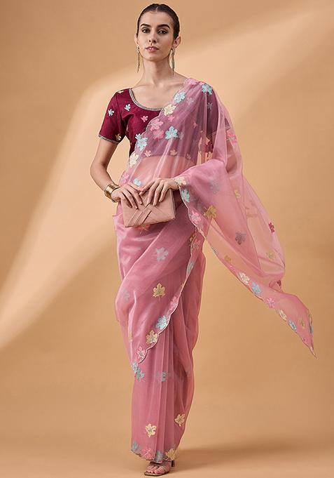 Pink Resham Embroidered Net Saree Set