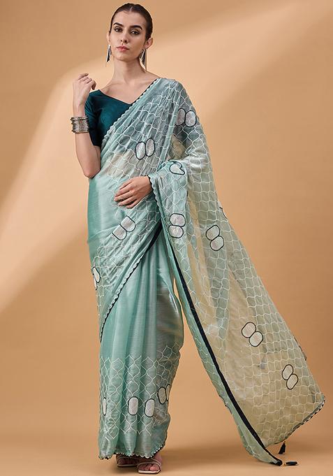 Blue Resham Embroidered Organza Saree Set