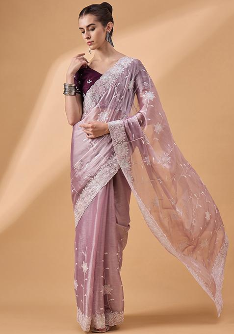 Lavender Resham Embroidered Organza Saree Set