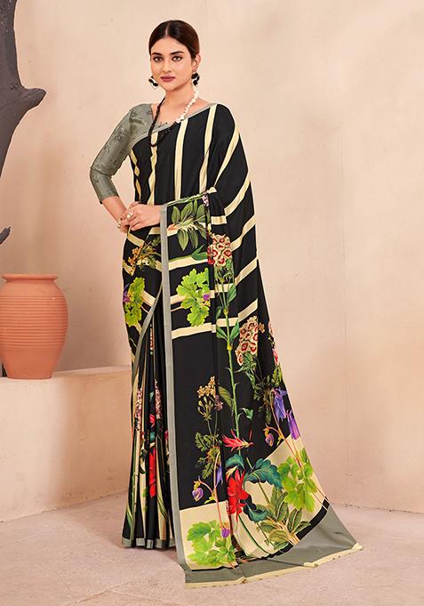 Black Floral Print Crepe Saree Set