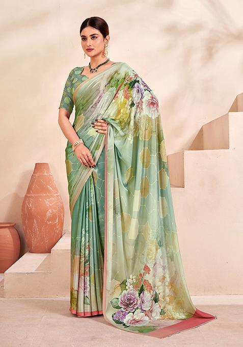 Blue Floral Print Crepe Saree Set