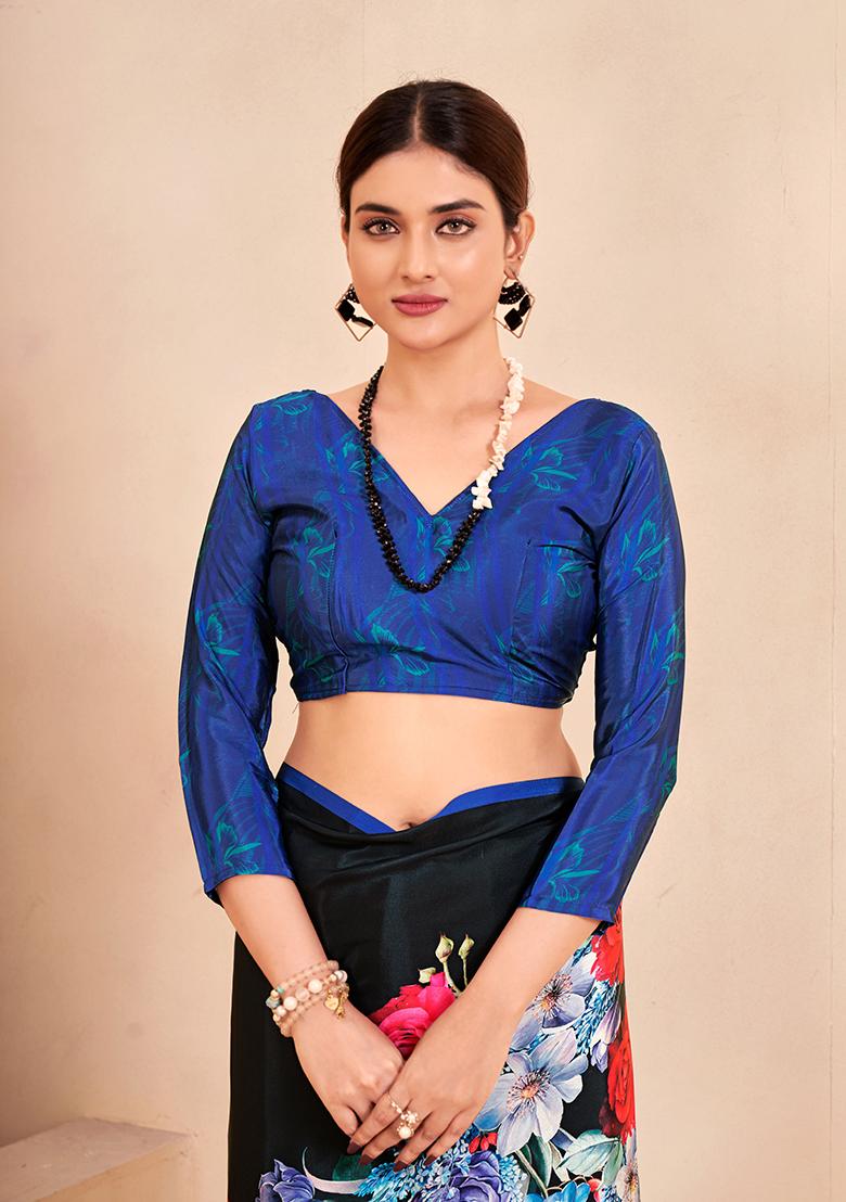 Blue Floral Print Crepe Saree Set - Indya