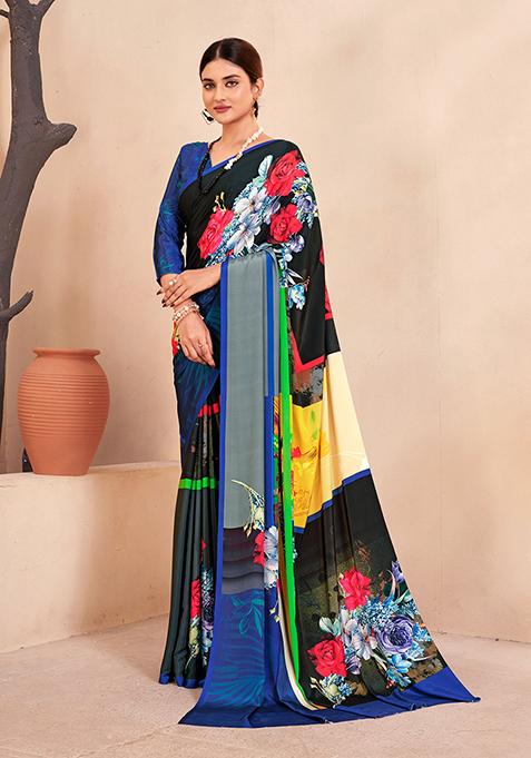 Blue Floral Print Crepe Saree Set